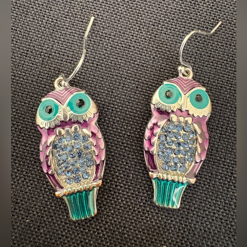 Vintage Enamel Purple and Teal Blue Owl Earrings - Picture 3 of 4